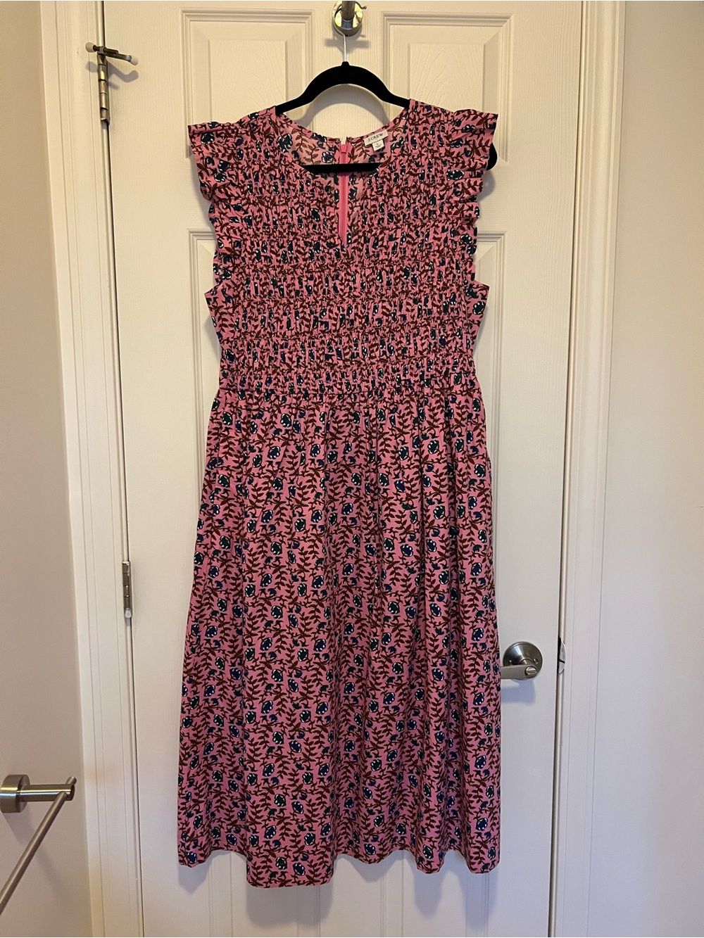 J. Crew Pink Floral Smocked Midi Dress with Navy Accents